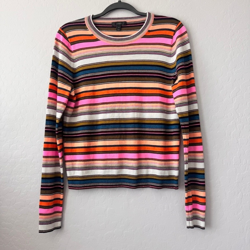 J.Crew Medium Sweater Multicolor Long Sleeve Merino Wool Striped Crew Neck F4345